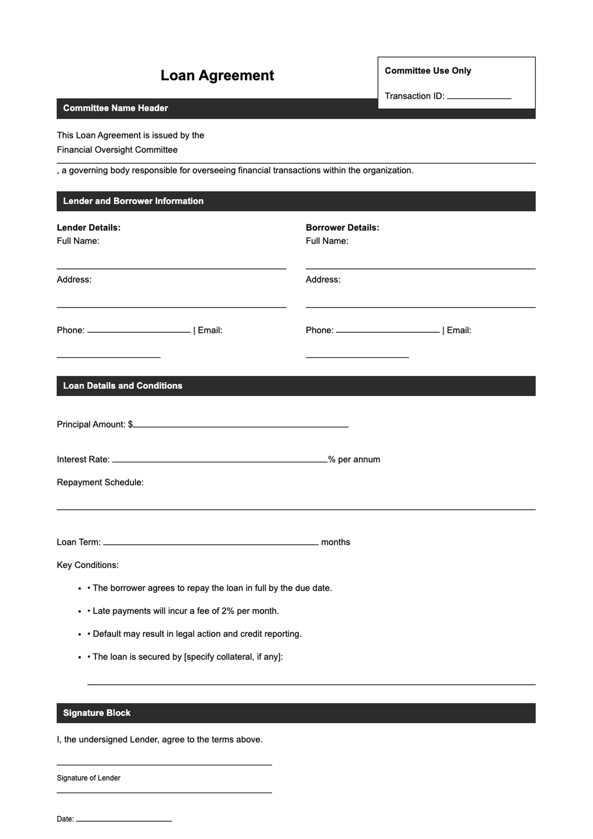 Formal loan agreement template for committee use with lender details and repayment terms_variant_1